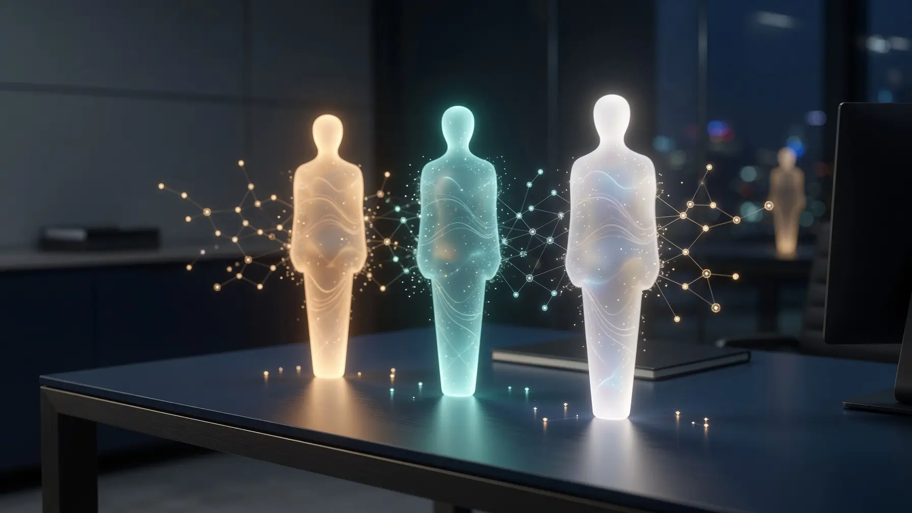Trois silhouettes holographiques d'assistants IA sur un bureau minimaliste.